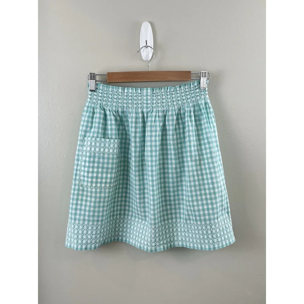 Half Apron Aqua Gingham Check White Cross-stitch Hand Made Pleated Vintage
